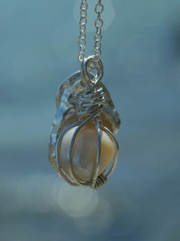 Cultivated Pearl Wrapped in Argentium Silver with Silver Clay Pearl Shell Pendant