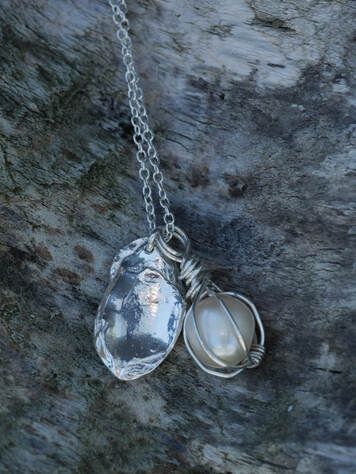 Silver Necklace with Fine Silver Pearl Necklace and Wire Wrapped Cultivated Pearl
